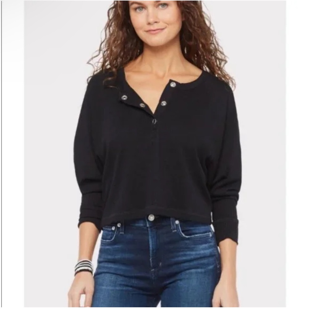 Chaser black waffle knit Henley dolman long sleeve top S